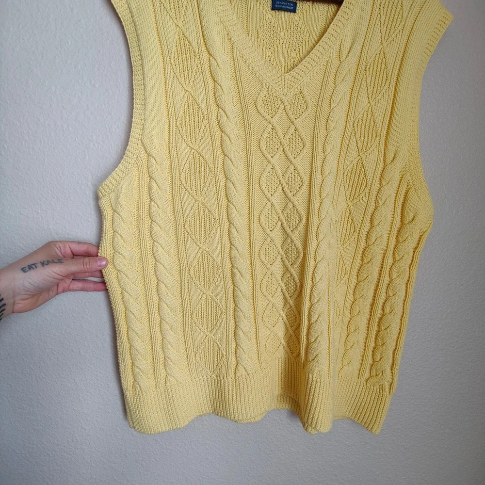 Polo Ralph Lauren Tennis Yellow Cable Knit Sweater Vest Cashmere Blend XL Preppy